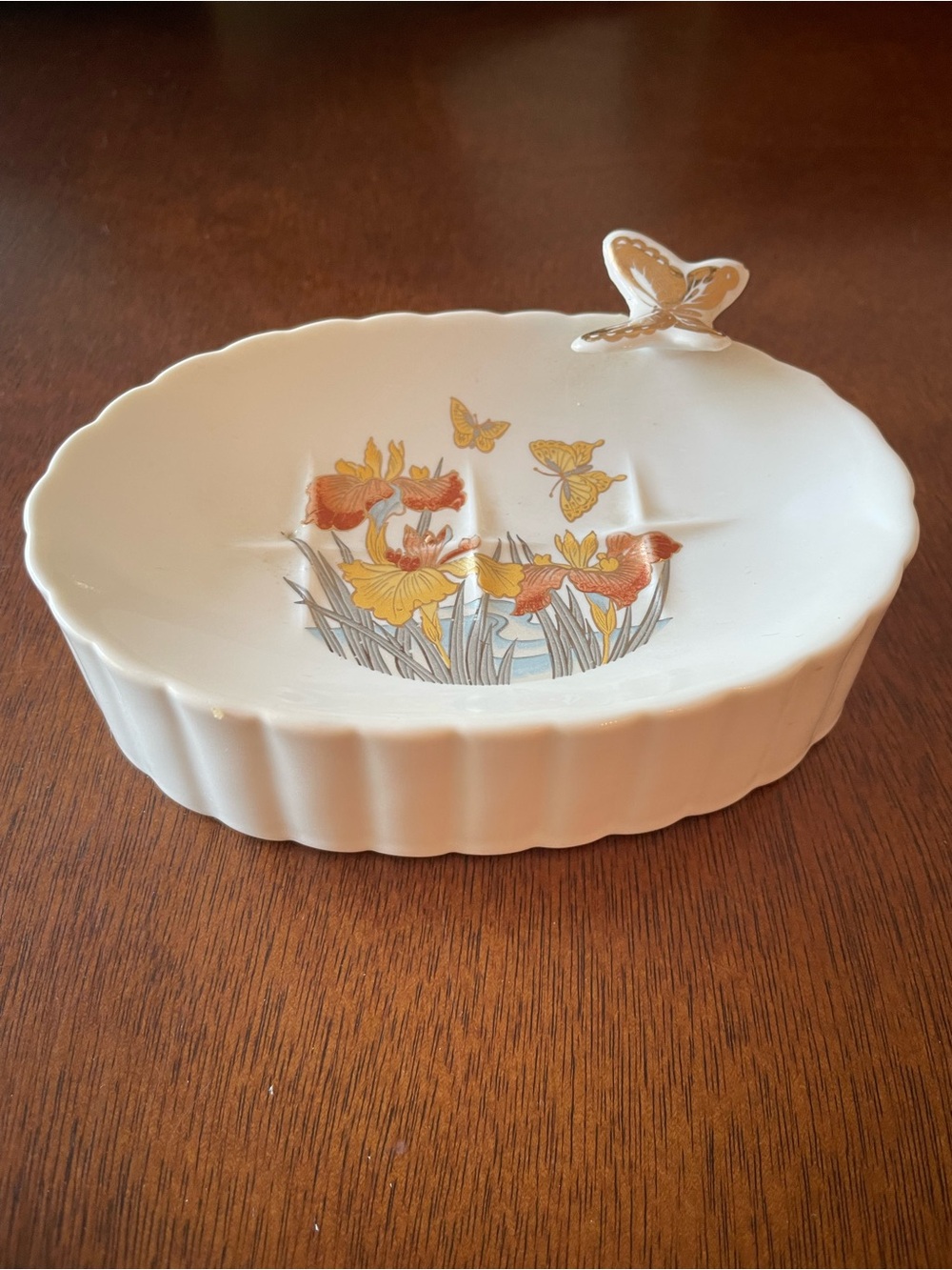 Vintage Porcelain Soap Bar Holder Butterflies & Orchids, Gold, Made in Japan